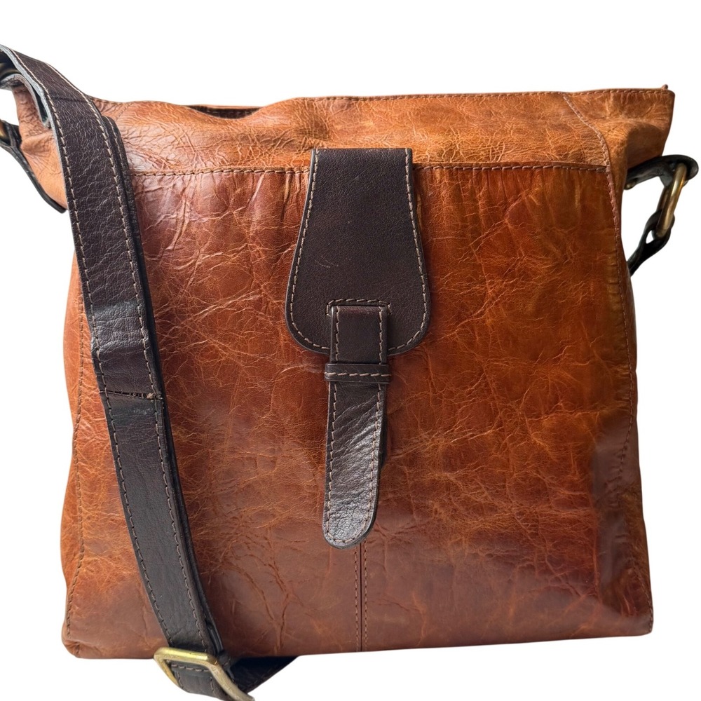 NINO BOSSI Brown Leather Hobo Shoulder Bag Zip Modern Boheme Vintage Aesthetic